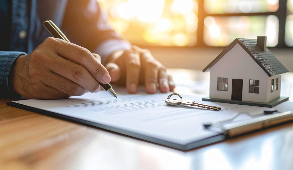 A person signing a home contract with a small house model and key on the table