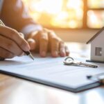 A person signing a home contract with a small house model and key on the table