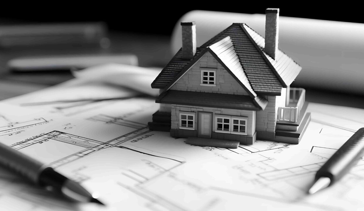 Maison miniature disposée sur des plans de construction