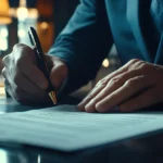 Homme signant un document immobilier.